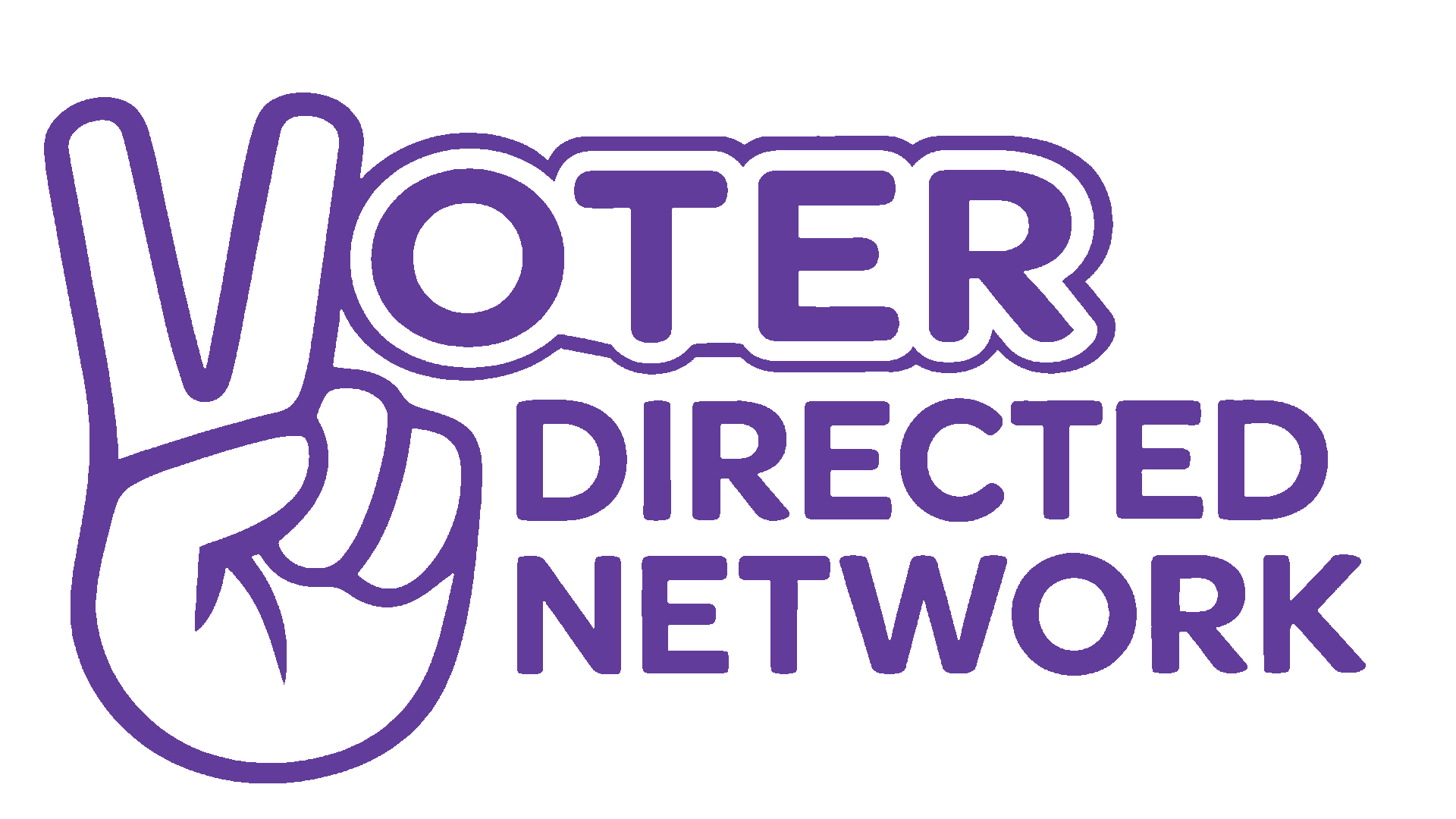 The words 'Voter Directed Democracy' with the 'V' styled as a hand holding a peace sign. The words are purple on a white background